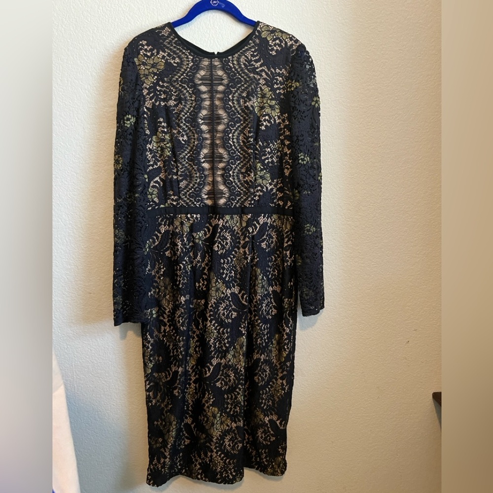 Maggy London Nadia Lace Midi Dress Black & Nude Size 14